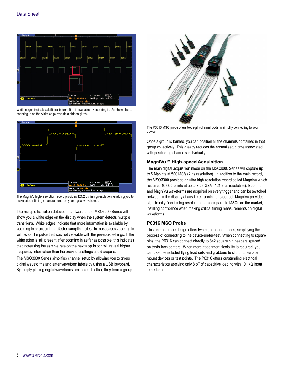 Magnivu™ high-speed acquisition, P6316 mso probe, Data sheet | Atec Tektronix-DPO3000 Series User Manual | Page 6 / 18