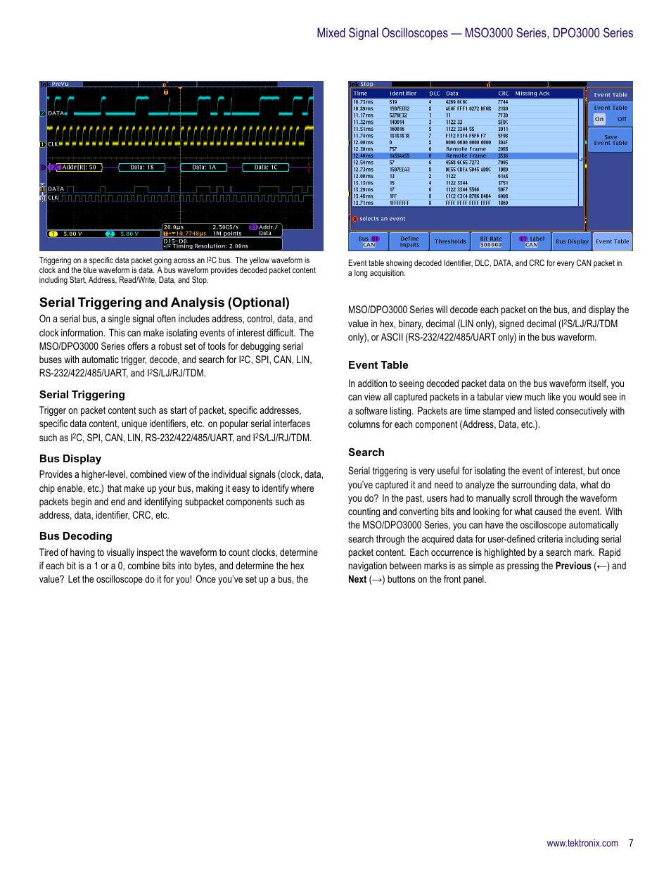 Serial triggering and analysis (optional), Serial triggering, Bus display | Bus decoding, Event table, Search | Atec Tektronix-DPO3000 Series User Manual | Page 7 / 18