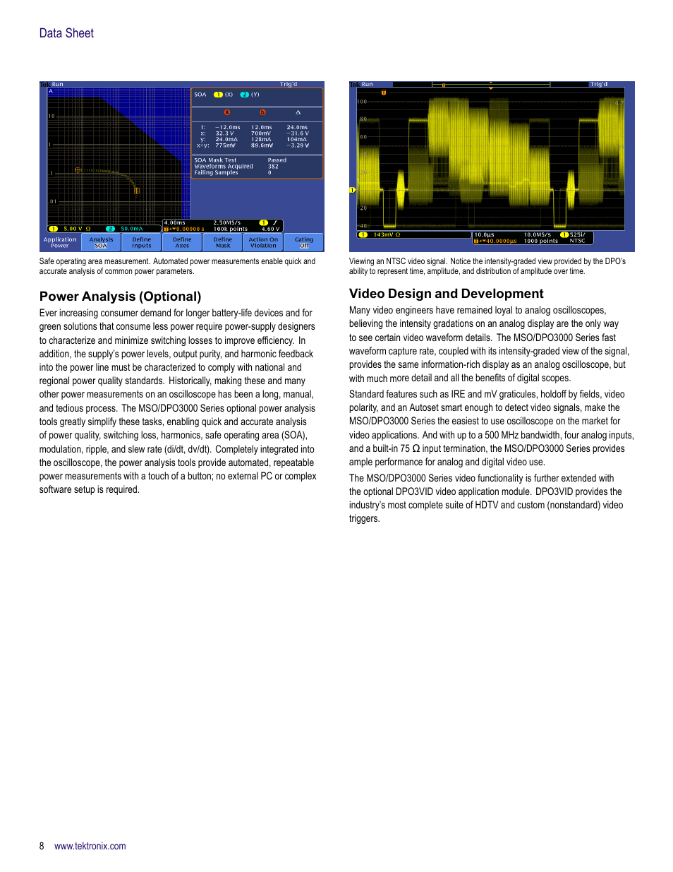 Power analysis (optional), Video design and development, Data sheet | Atec Tektronix-DPO3000 Series User Manual | Page 8 / 18