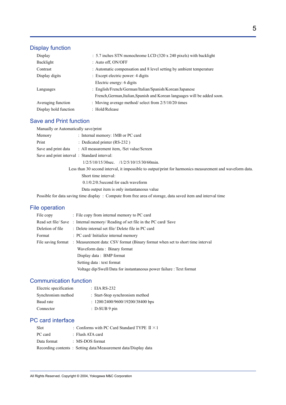 Display function, Save and print function, File operation | Communication function, Pc card interface | Atec Yokogawa-cw240 User Manual | Page 5 / 9