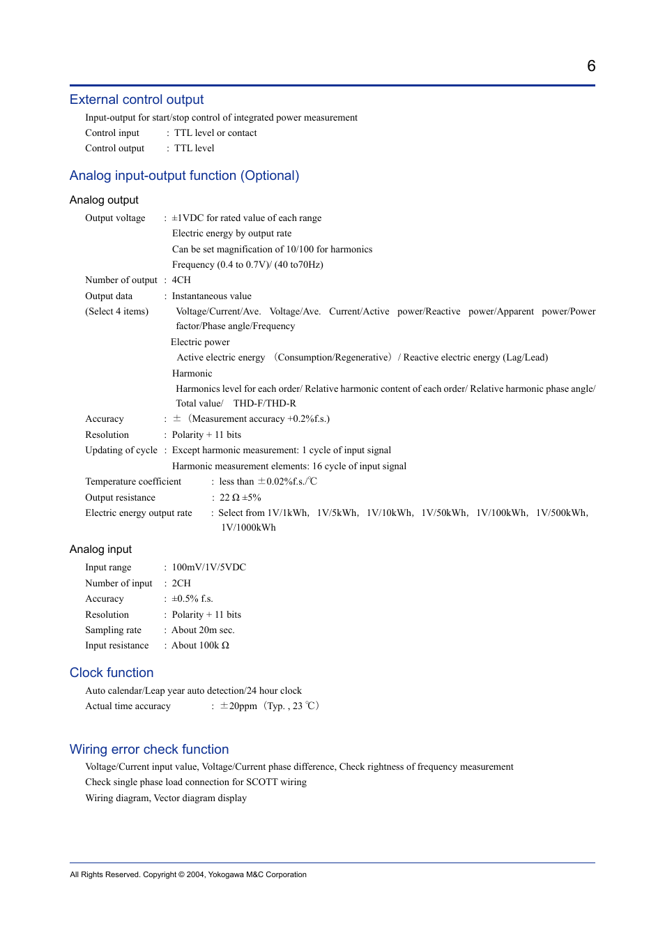 External control output, Analog input-output function (optional), Clock function | Wiring error check function | Atec Yokogawa-cw240 User Manual | Page 6 / 9