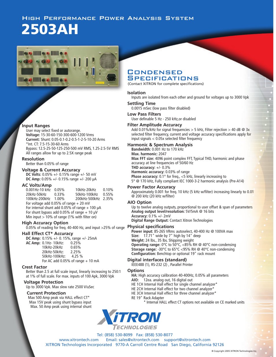 2503ah, Condensed specifications, High performance power analysis system | Atec Xitron-2503AH User Manual | Page 2 / 2