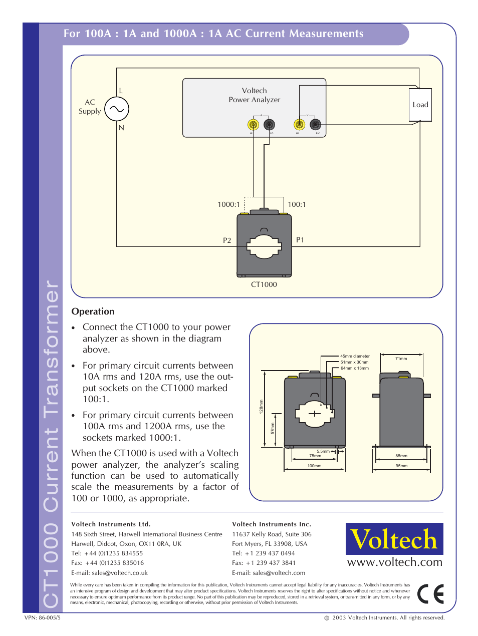 Voltech, Ct1000 current t ransformer, Operation | Atec Voltech-CT1000 User Manual | Page 2 / 2