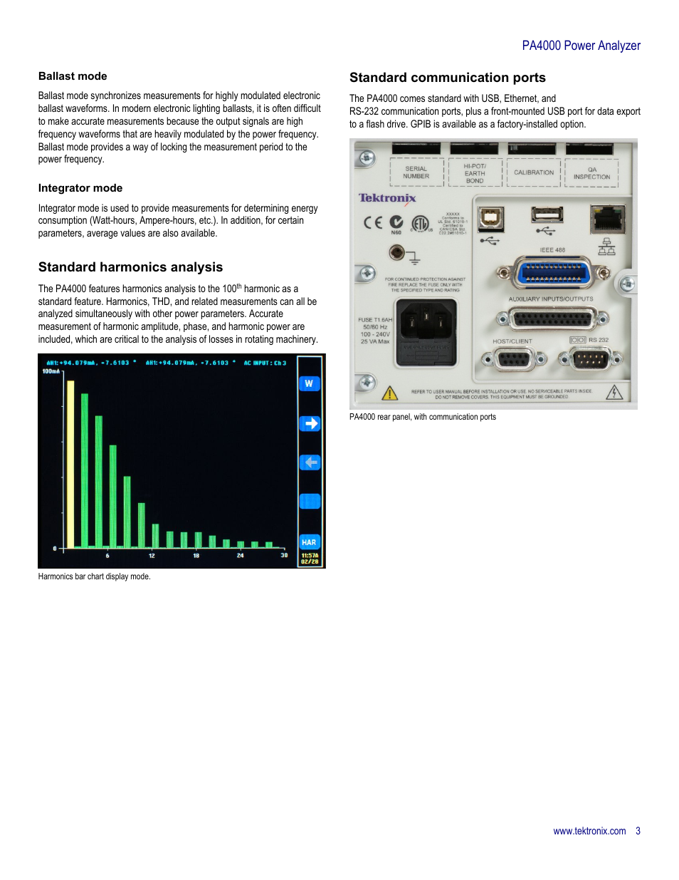 Standard harmonics analysis, Standard communication ports, Pa4000 power analyzer | Atec Tektronix-PA4000_Power-Analyzer User Manual | Page 3 / 8