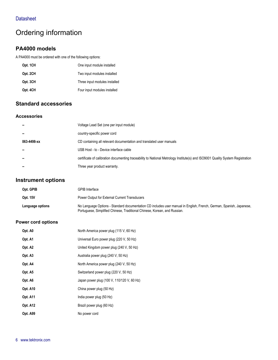 Ordering information, Pa4000 models, Standard accessories | Instrument options, Datasheet | Atec Tektronix-PA4000_Power-Analyzer User Manual | Page 6 / 8