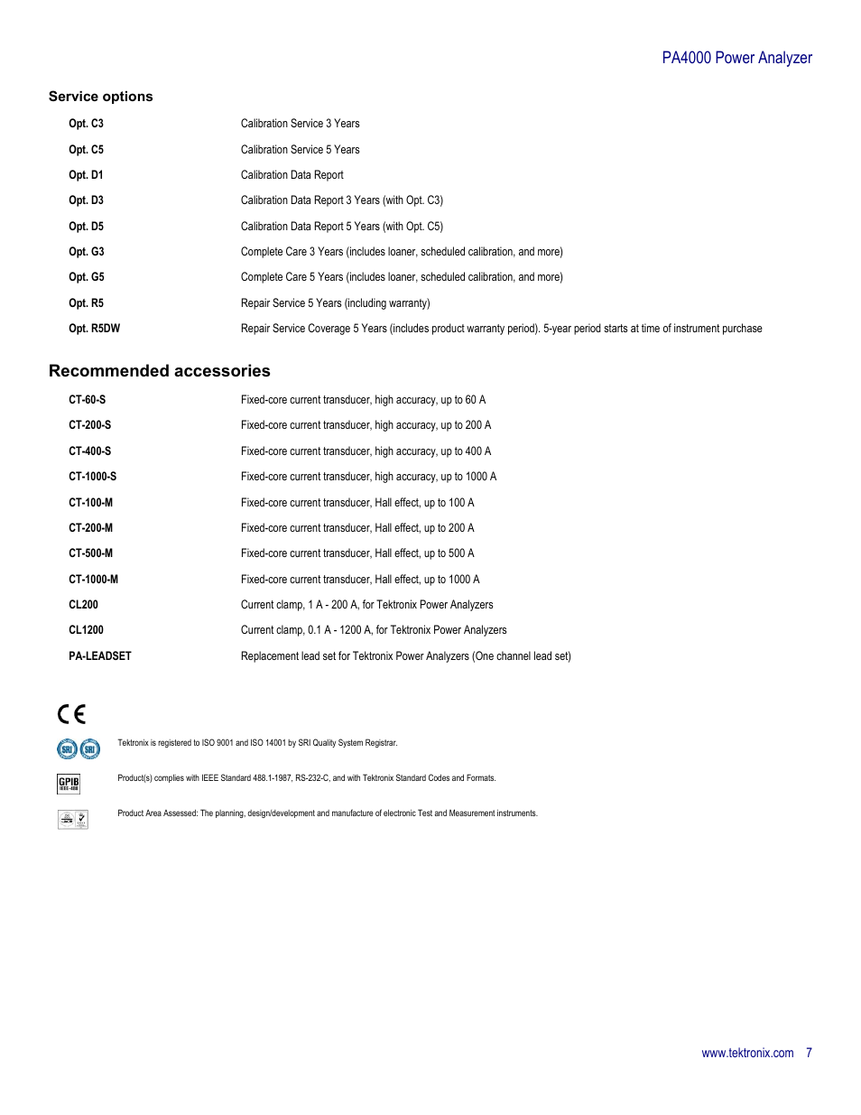 Recommended accessories, Pa4000 power analyzer | Atec Tektronix-PA4000_Power-Analyzer User Manual | Page 7 / 8