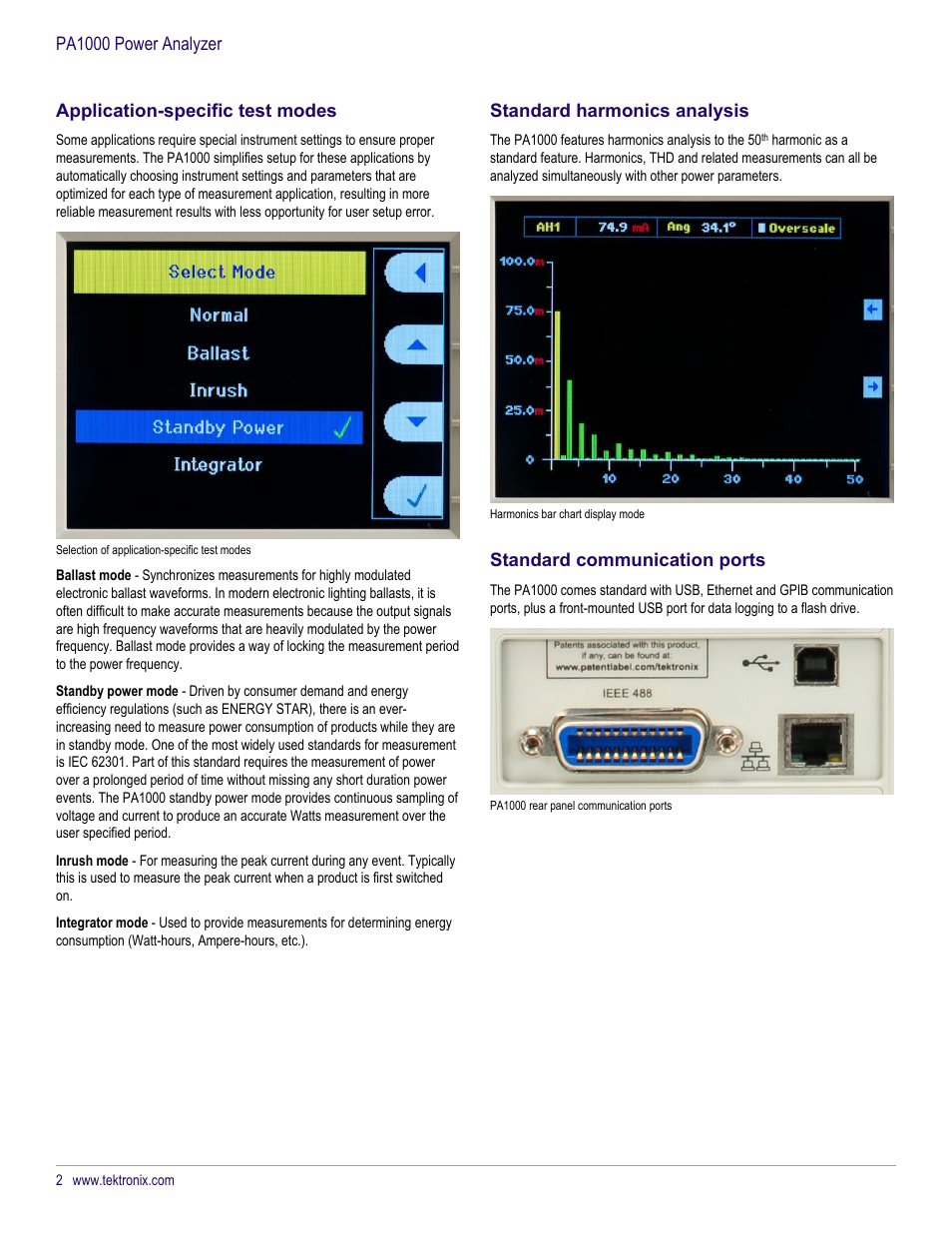 Application-specific test modes, Standard harmonics analysis, Standard communication ports | Pa1000 power analyzer | Atec Tektronix-PA1000 User Manual | Page 2 / 8