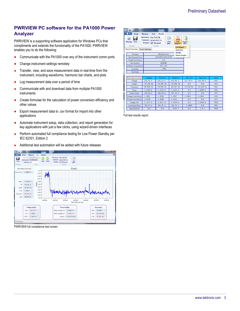 Pwrview pc software for the pa1000 power analyzer, Preliminary datasheet | Atec Tektronix-PA1000 User Manual | Page 3 / 8