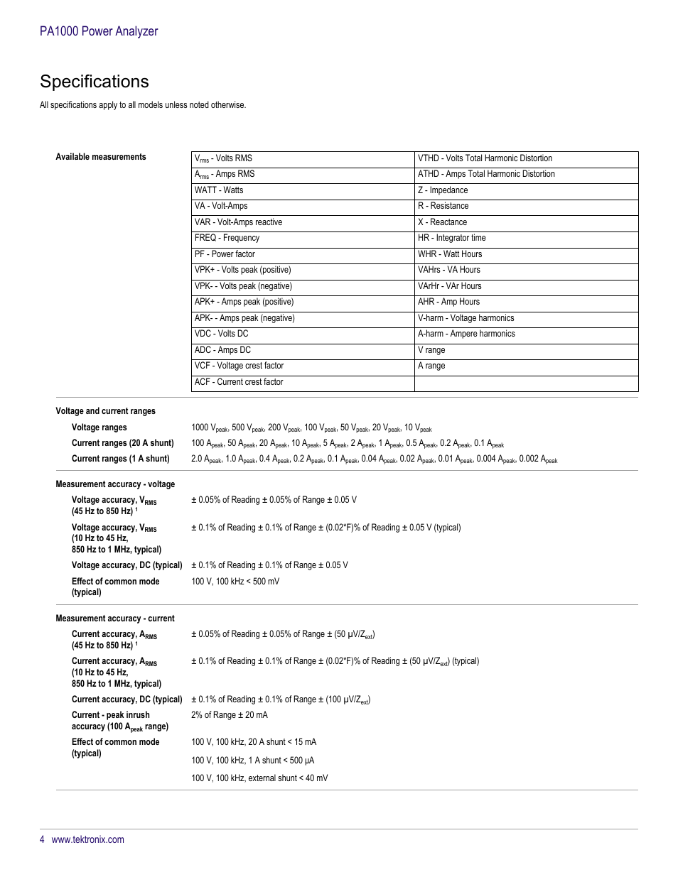 Specifications, Pa1000 power analyzer | Atec Tektronix-PA1000 User Manual | Page 4 / 8