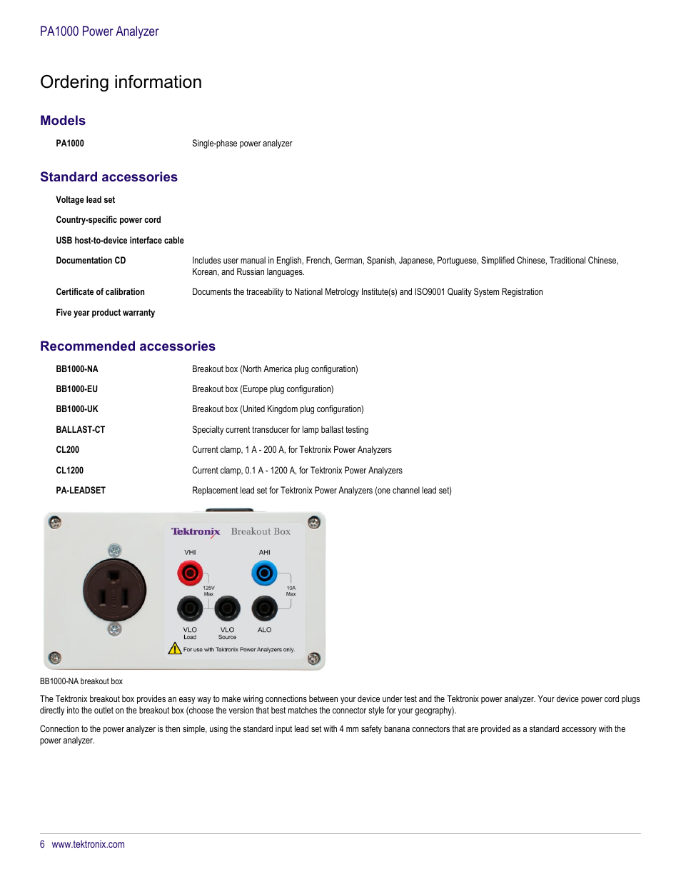 Ordering information, Models, Standard accessories | Recommended accessories, Pa1000 power analyzer | Atec Tektronix-PA1000 User Manual | Page 6 / 8