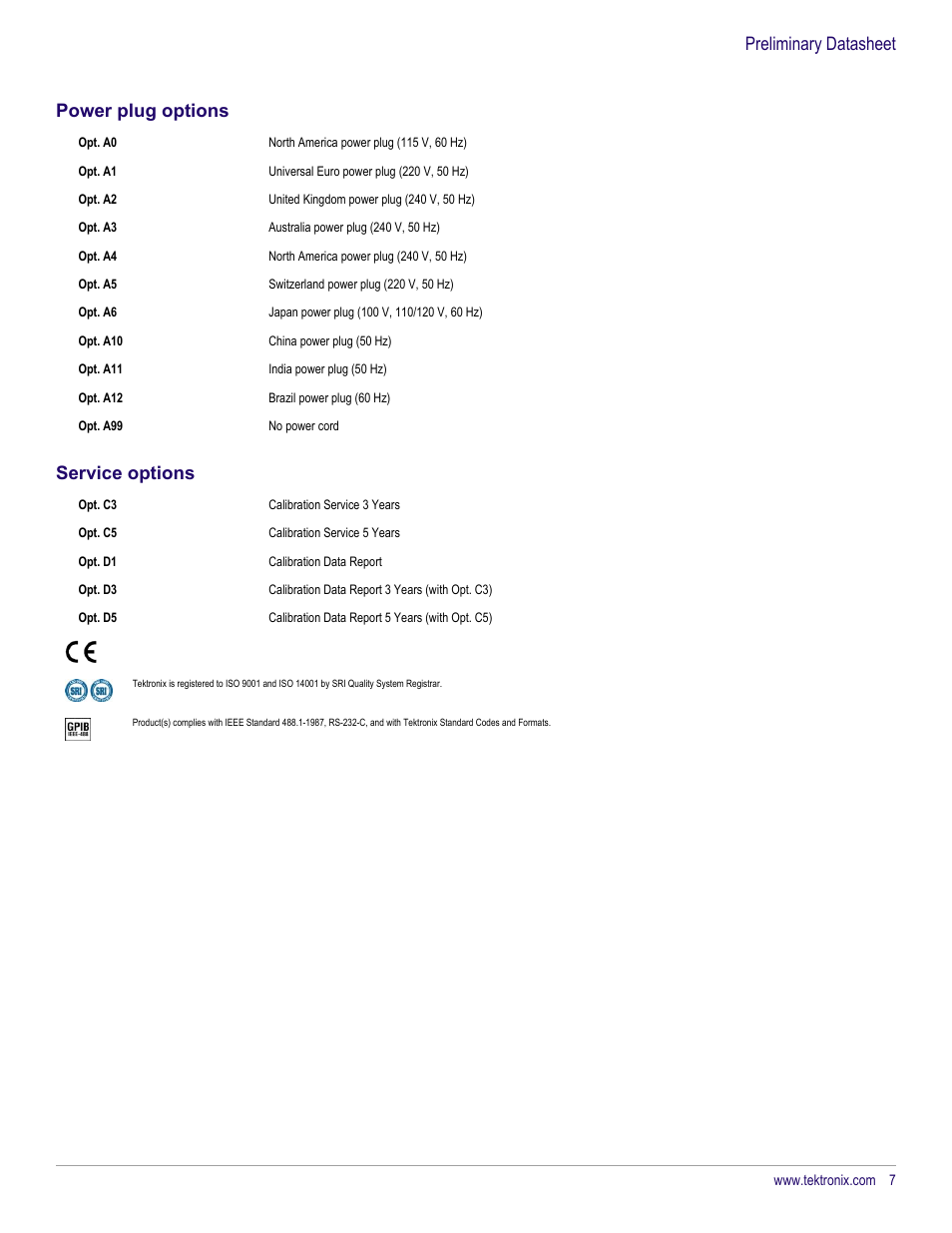 Power plug options, Service options, Preliminary datasheet | Atec Tektronix-PA1000 User Manual | Page 7 / 8