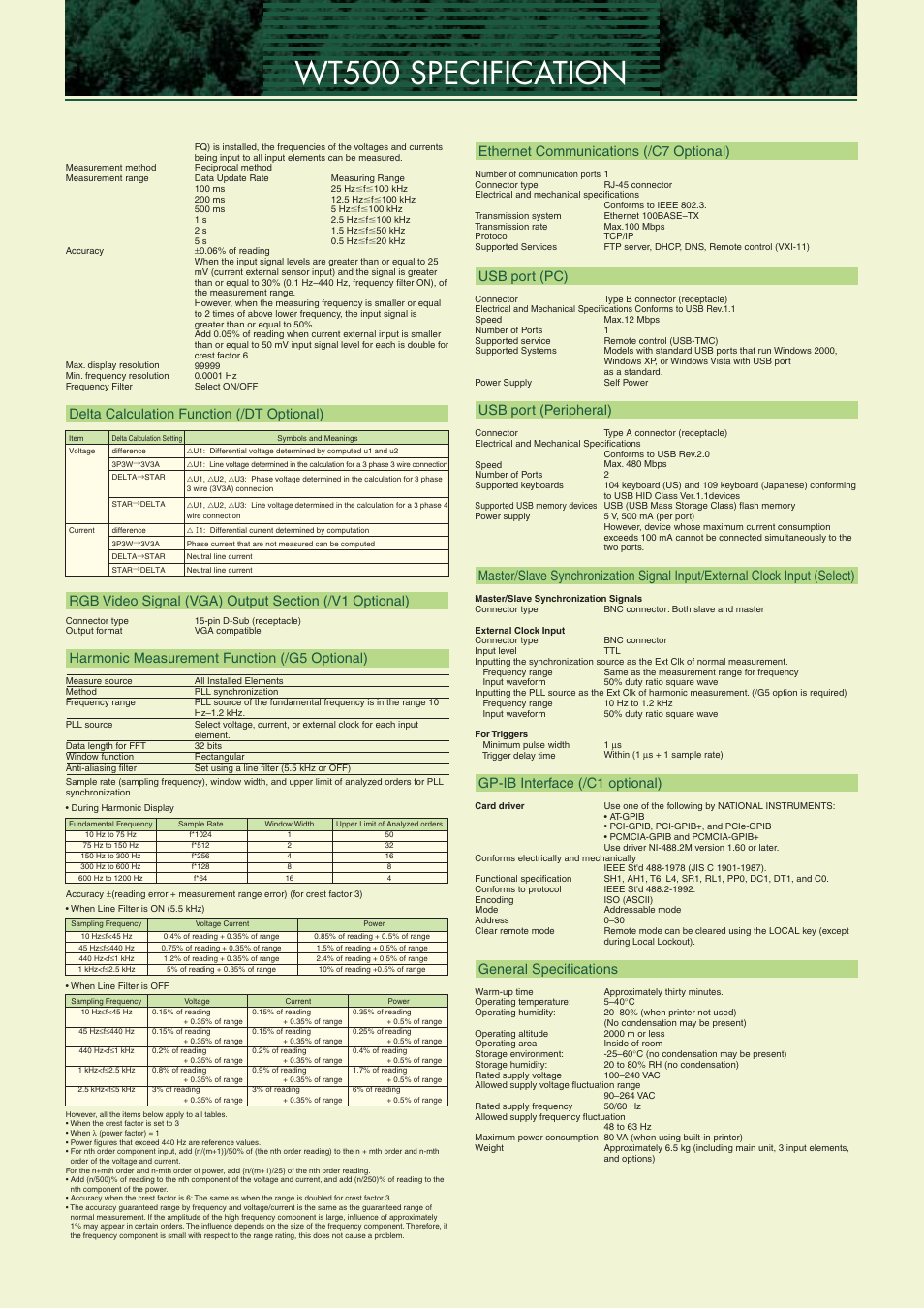 Wt500 specification, Harmonic measurement function (/g5 optional), Delta calculation function (/dt optional) | Ethernet communications (/c7 optional), Usb port (pc), Usb port (peripheral), Gp-ib interface (/c1 optional), General specifications | Atec Yokogawa-WT500 User Manual | Page 3 / 4