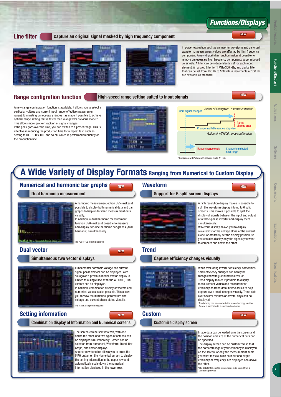 A wide variety of display formats, Functions/displays, Range configration function | Setting information, Dual vector, Numerical and harmonic bar graphs, Custom, Waveform, Trend, Simultaneous two vector displays | Atec Yokogawa-WT1800 User Manual | Page 4 / 19