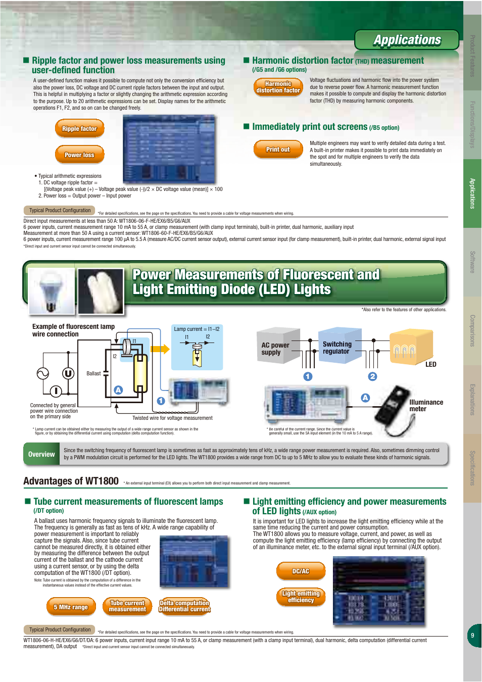 Applications, Advantages of wt1800, N harmonic distortion factor | Measurement, N immediately print out screens, N tube current measurements of fluorescent lamps | Atec Yokogawa-WT1800 User Manual | Page 8 / 19