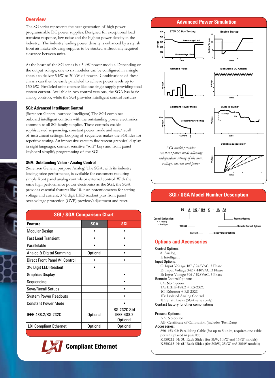 Overview, Compliant ethernet, Advanced power simulation | Sgi / sga comparison chart | Atec Sorensen-SG Series User Manual | Page 2 / 4