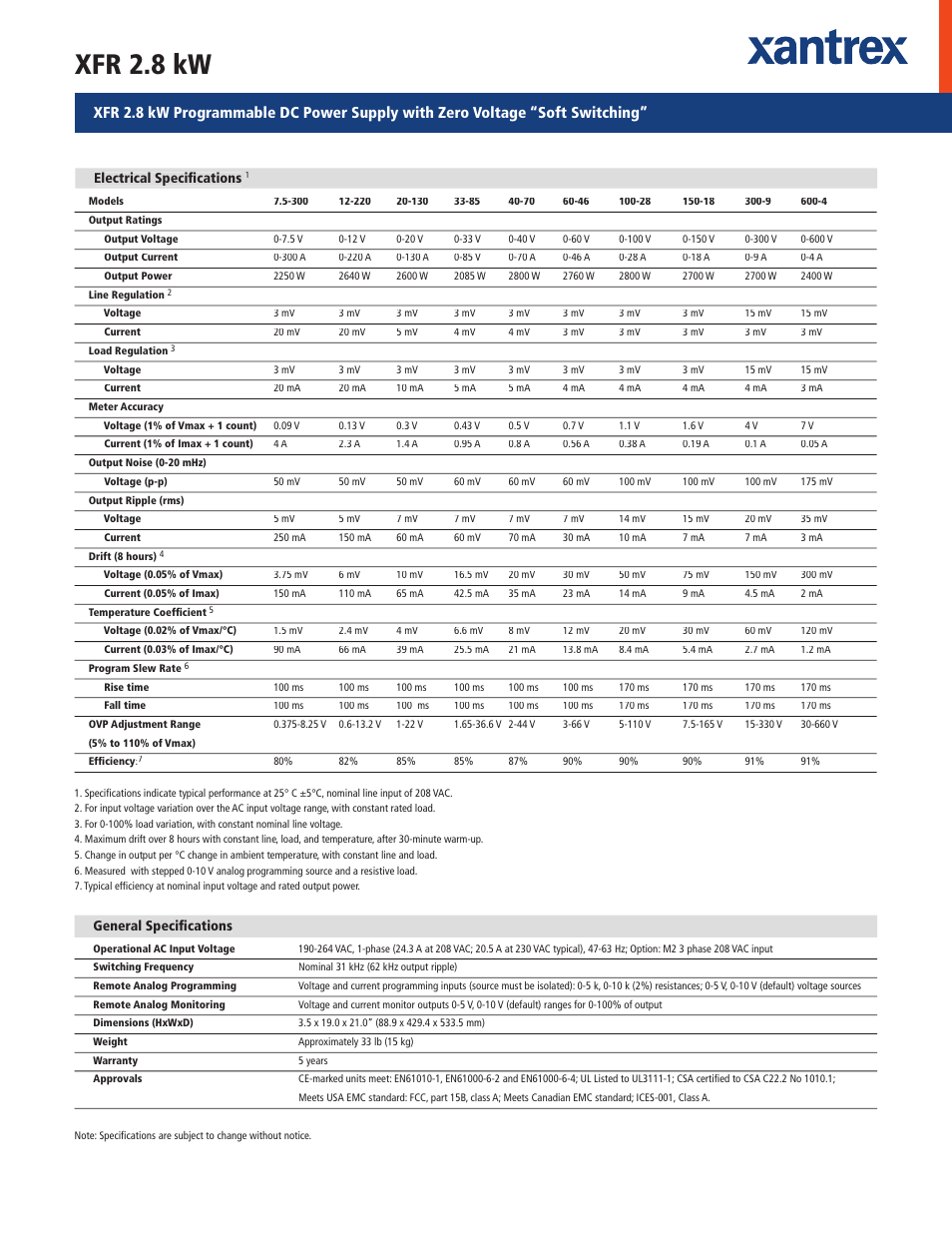 Xfr 2.8 kw, Electrical specifi cations, General specifi cations | Atec Xantrex-XFR Series User Manual | Page 2 / 2