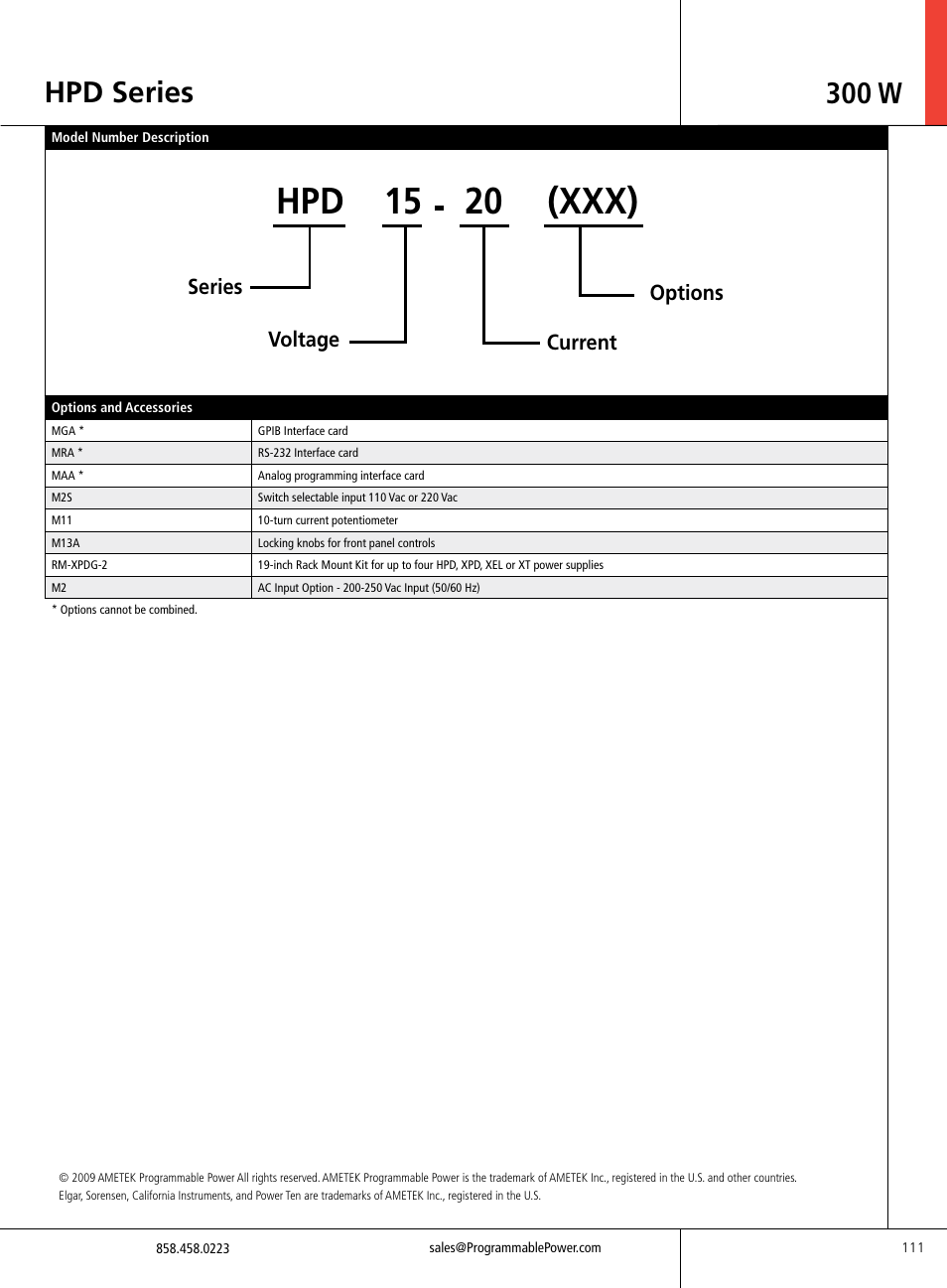 Hpd 15, Xxx), Hpd series 300 w | Series voltage, Current, Options | Atec Sorensen-HPD Series User Manual | Page 5 / 6
