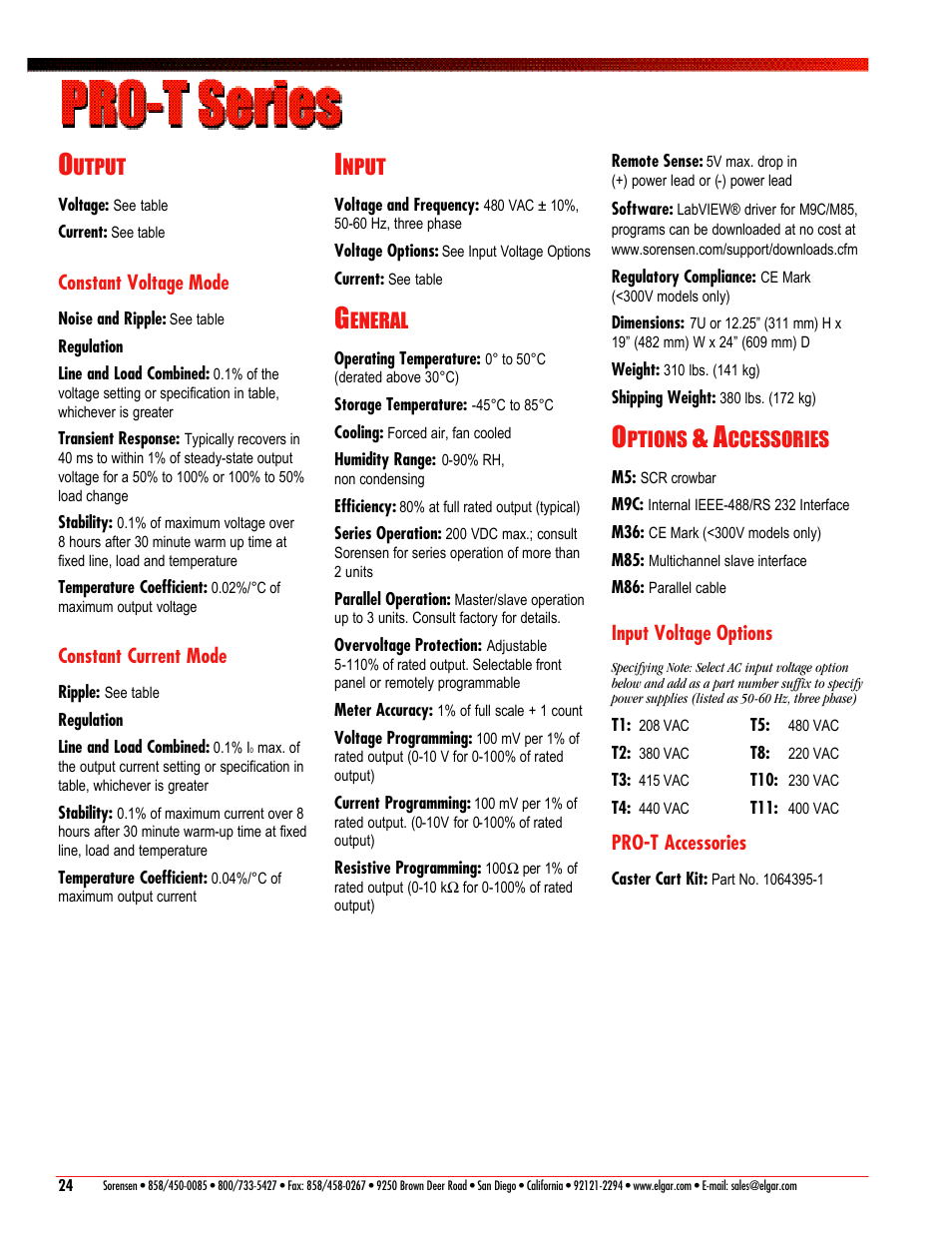 Utput, Constant voltage mode, Constant current mode | Nput, Eneral, Ptions, Ccessories, Input voltage options, Pro-t accessories | Atec Sorensen-PRO-T Series User Manual | Page 2 / 4