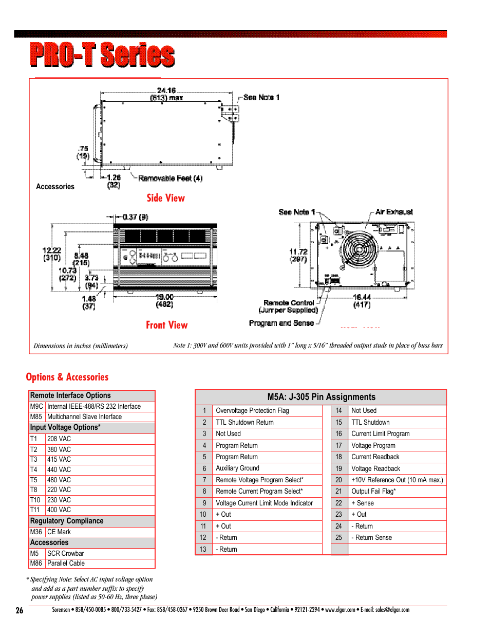 Options & accessories, Side view front view rear view, M5a: j-305 pin assignments | Atec Sorensen-PRO-T Series User Manual | Page 4 / 4