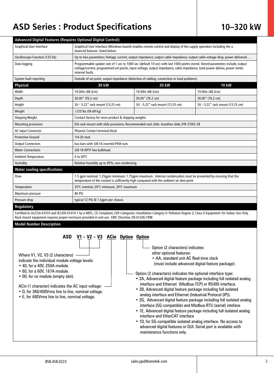 Asd series : product specifications, V1 asd acin option, V2 v3 option | Atec Sorensen_ASD Series User Manual | Page 3 / 4
