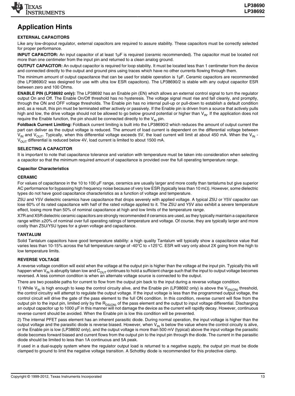 Application hints, External capacitors, Selecting a capacitor | Capacitor characteristics, Ceramic, Tantalum, Reverse voltage | Atec Superior-Electric-L116b User Manual | Page 13 / 18