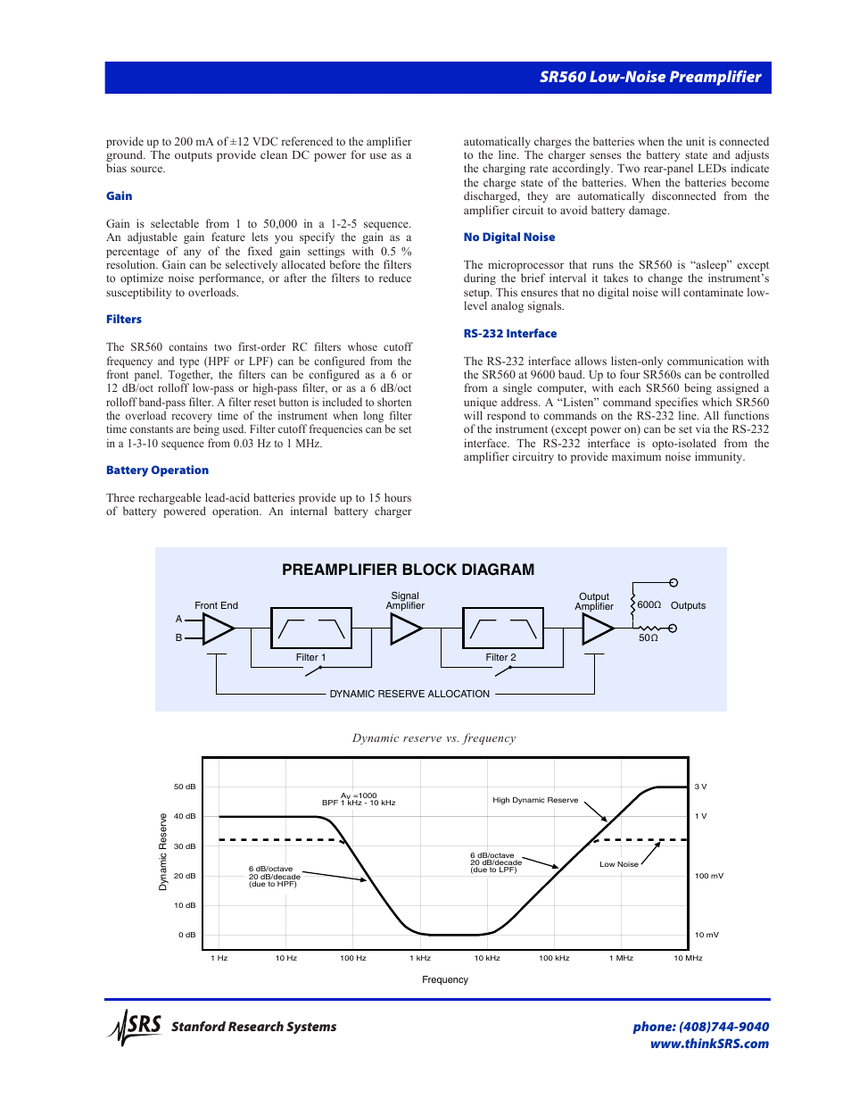 Sr560 low-noise preamplifier, Preamplifier block diagram | Atec Stanford-SR560 User Manual | Page 2 / 3