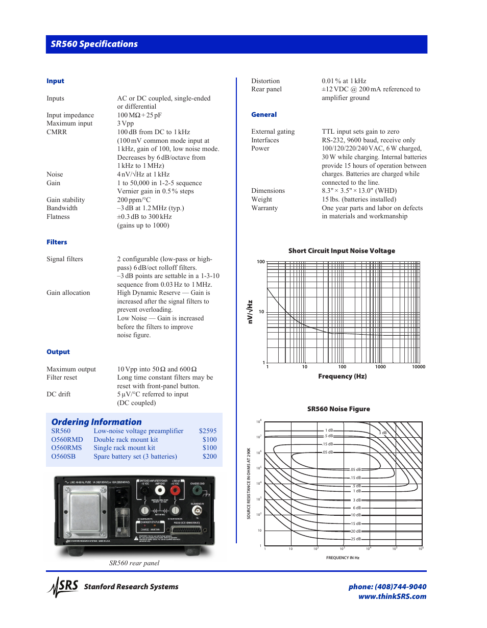 Sr560 specifications, Ordering information | Atec Stanford-SR560 User Manual | Page 3 / 3