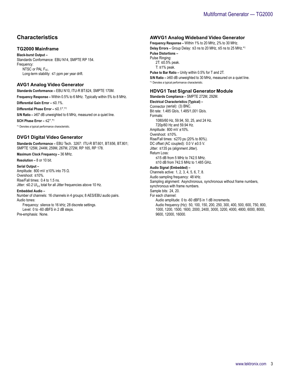 Characteristics, Tg2000 mainframe, Avg1 analog video generator | Dvg1 digital video generator, Awvg1 analog wideband video generator, Hdvg1 test signal generator module, Multiformat generator — tg2000 characteristics | Atec Tektronix-TG2000 User Manual | Page 3 / 8