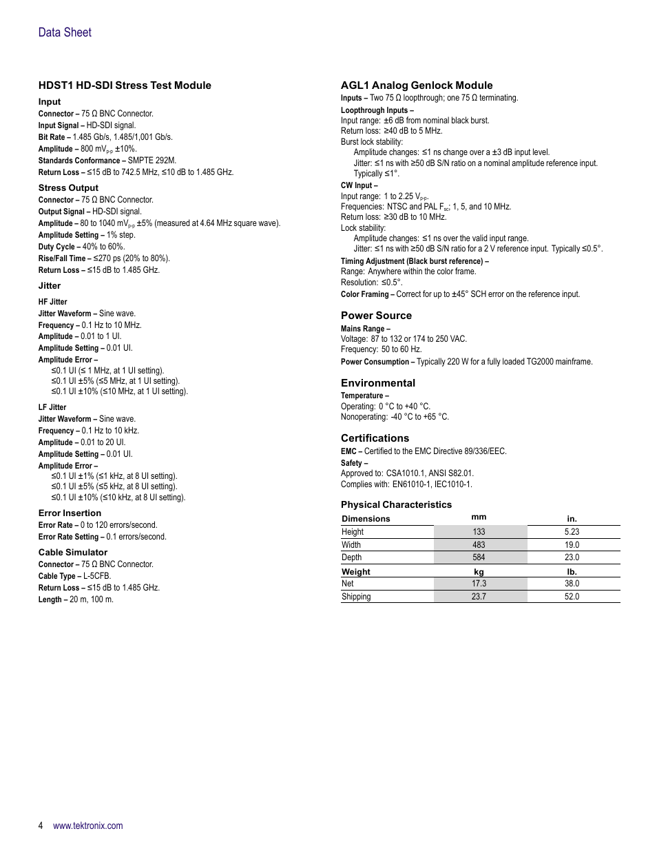 Hdst1 hd-sdi stress test module, Input, Stress output | Jitter, Hf jitter, Lf jitter, Error insertion, Cable simulator, Agl1 analog genlock module, Power source | Atec Tektronix-TG2000 User Manual | Page 4 / 8