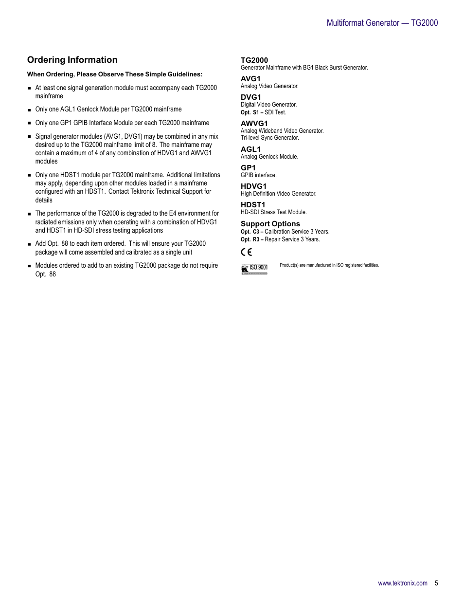 Ordering information, Tg2000, Avg1 | Dvg1, Awvg1, Agl1, Hdvg1, Hdst1, Support options | Atec Tektronix-TG2000 User Manual | Page 5 / 8