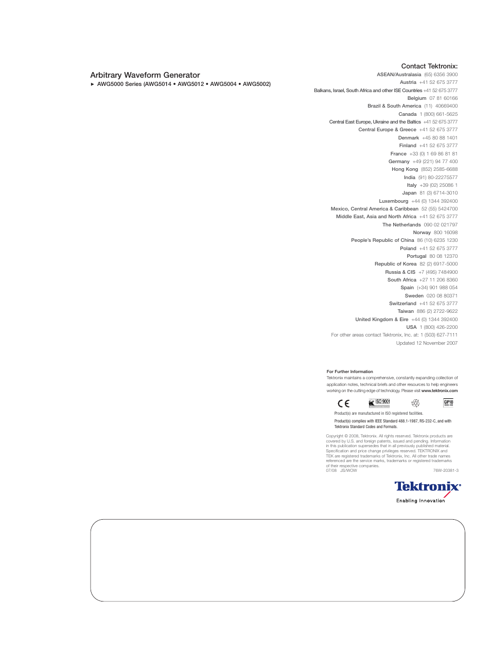 Arbitrary waveform generator, Contact tektronix | Atec Tektronix-AWG5012 User Manual | Page 12 / 12