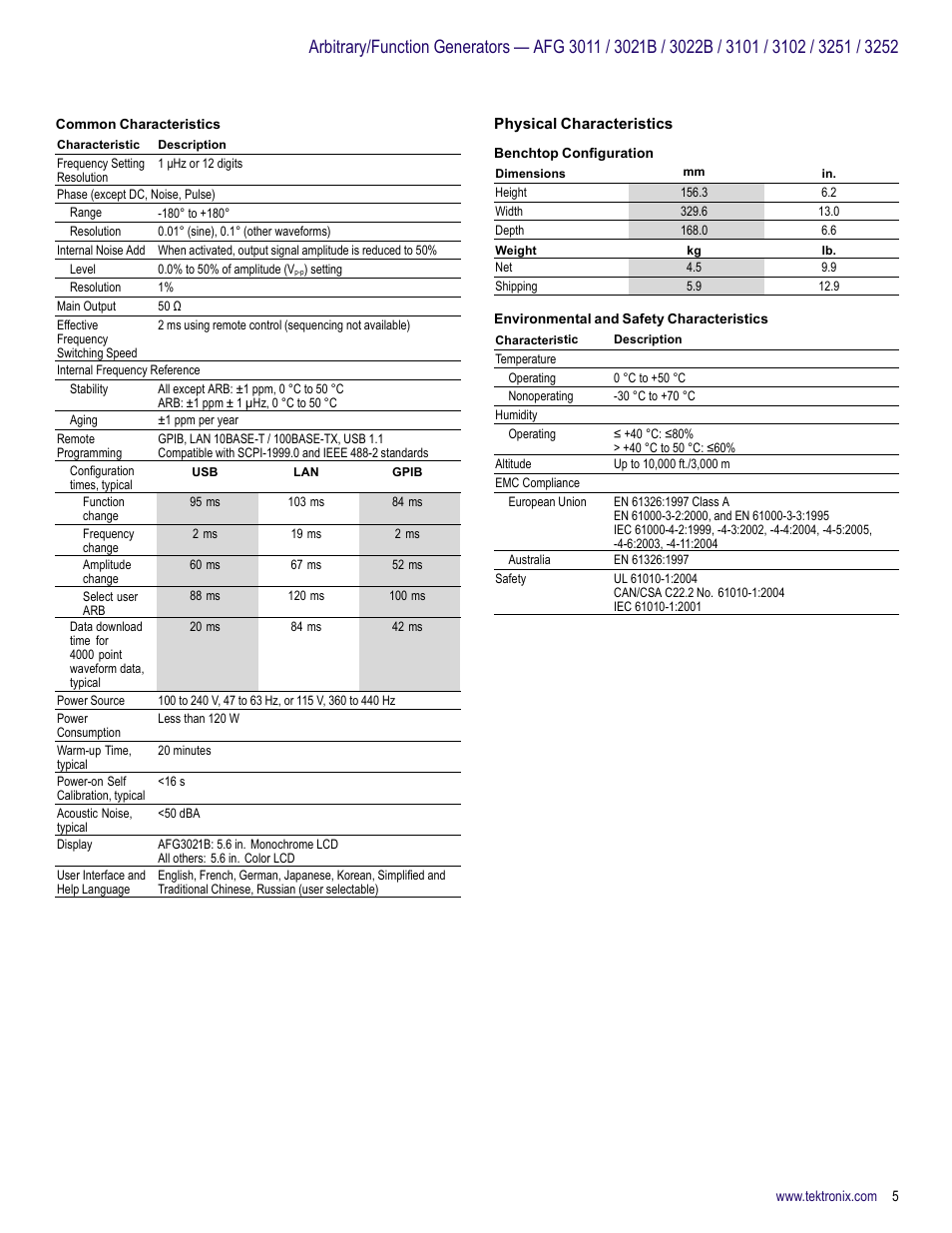 Physical characteristics | Atec Tektronix_AFG3000_Series_Arbitrary-Function_Generators User Manual | Page 5 / 8