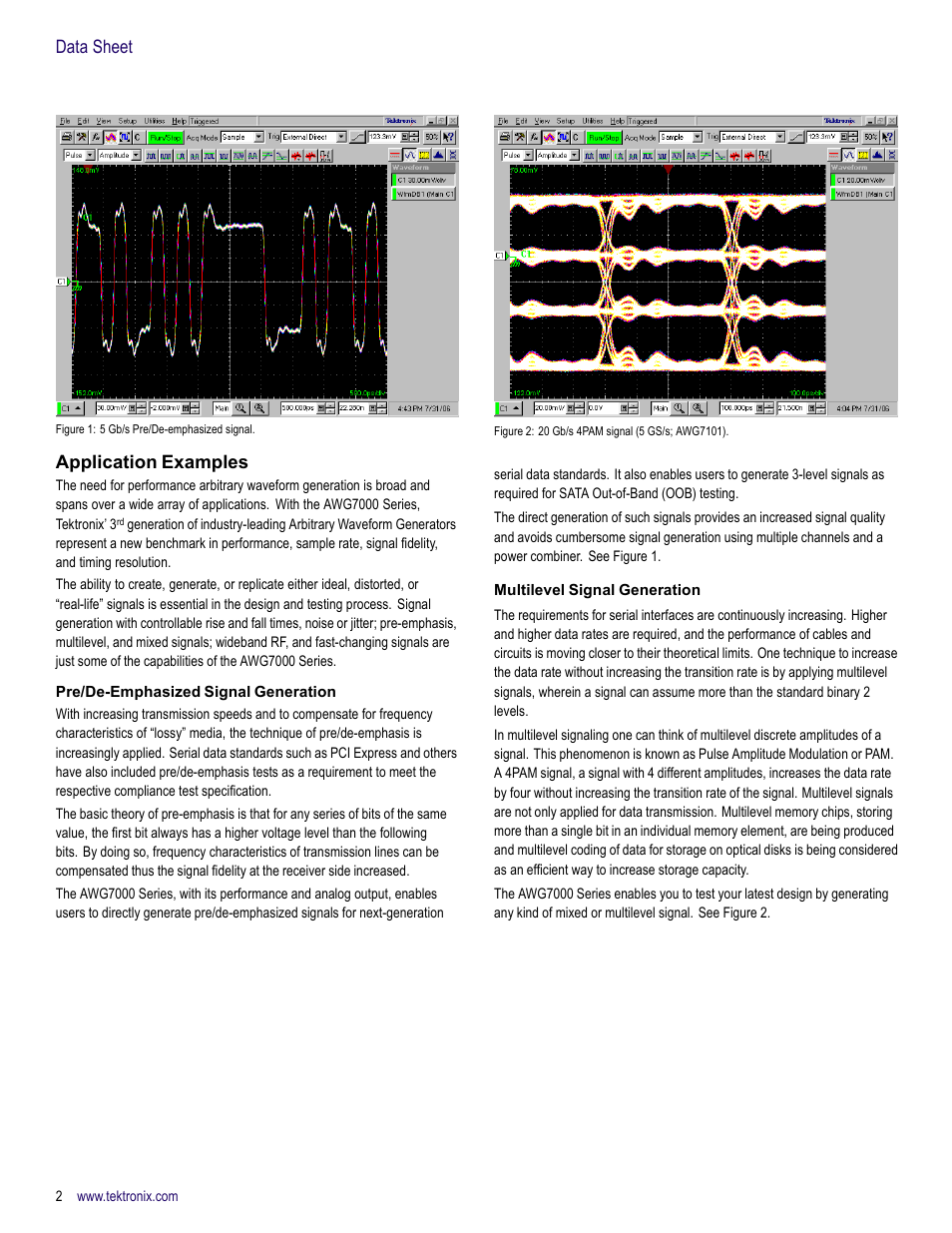 Application examples, Pre/de-emphasized signal generation, Multilevel signal generation | Data sheet | Atec Tektronix-AWG7000 Series User Manual | Page 2 / 14