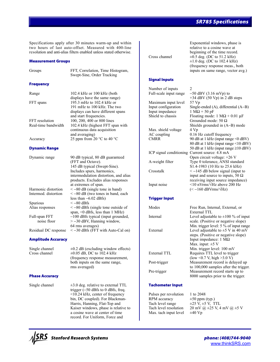 Sr785 specifications | Atec Stanford-Research-Systems-SR785 User Manual | Page 6 / 7