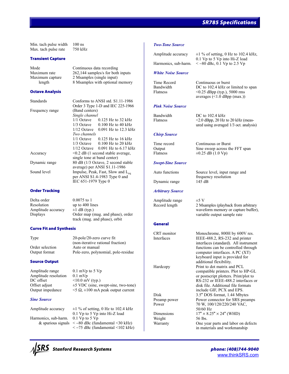 Sr785 specifications | Atec Stanford-Research-Systems-SR785 User Manual | Page 7 / 7