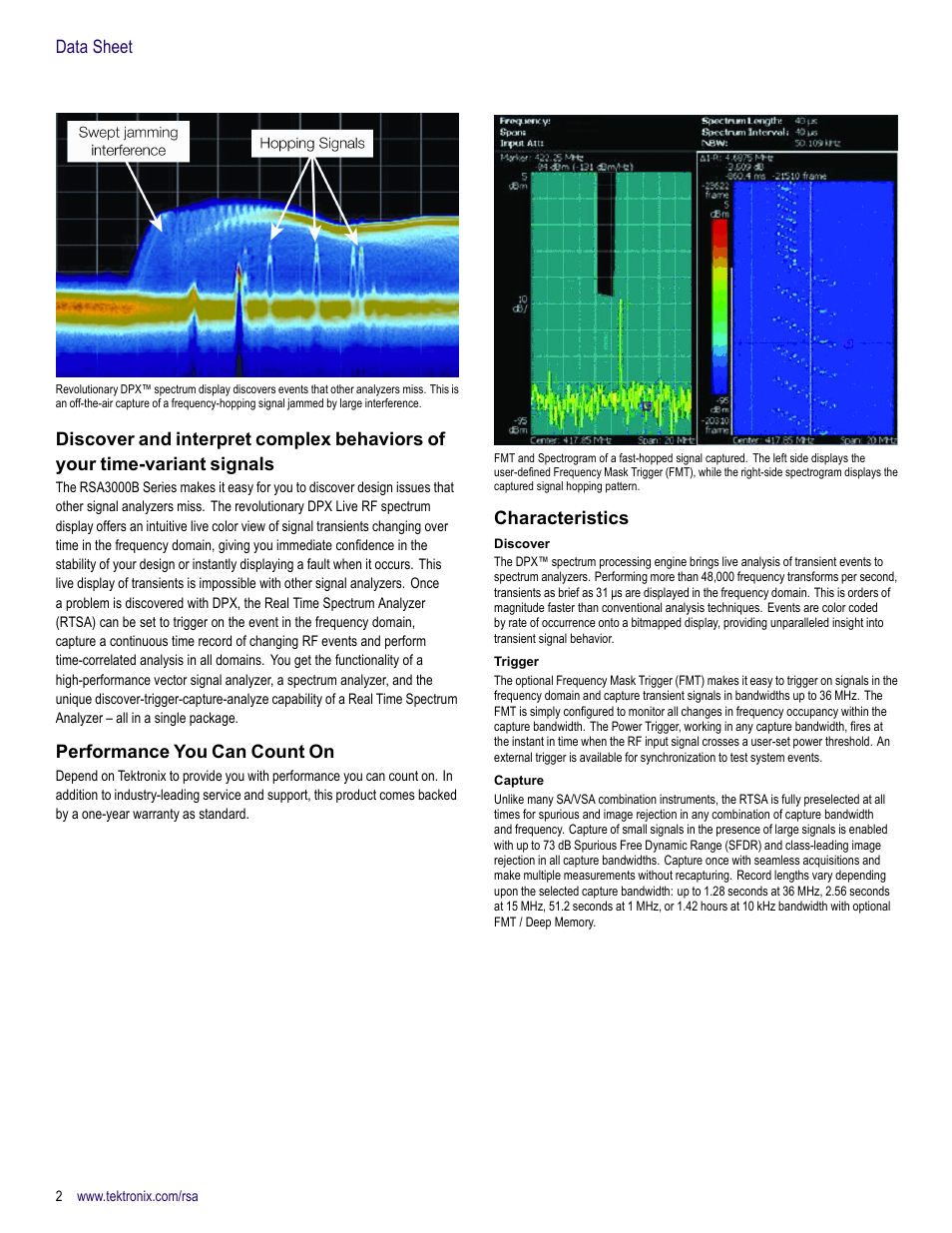 Performance you can count on, Characteristics, Discover | Trigger, Capture, Data sheet | Atec Tektronix-RSA3000B User Manual | Page 2 / 16