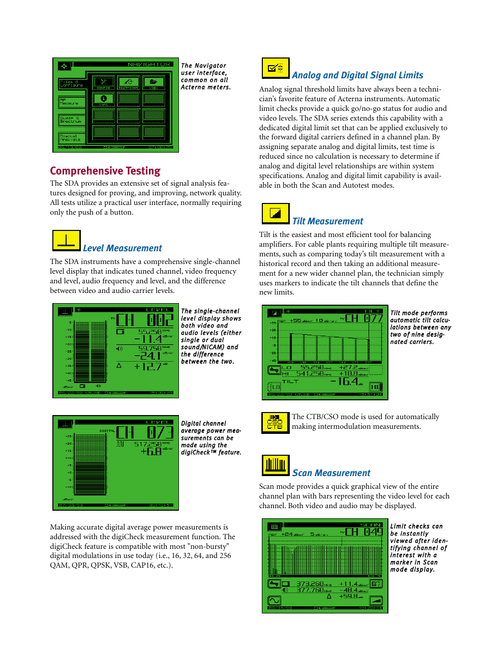 Comprehensive testing, Level measurement, Analog and digital signal limits | Tilt measurement, Scan measurement | Atec Wavetek-SDA-5000-5500-5510 User Manual | Page 5 / 12