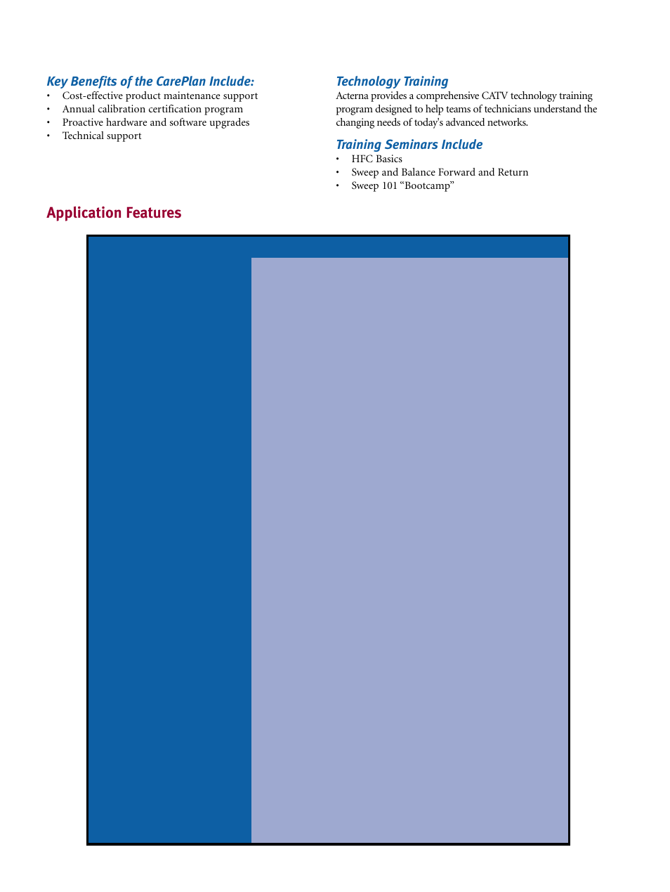 Application features, Key benefits of the careplan include, Technology training | Training seminars include | Atec Wavetek-SDA-5000-5500-5510 User Manual | Page 8 / 12