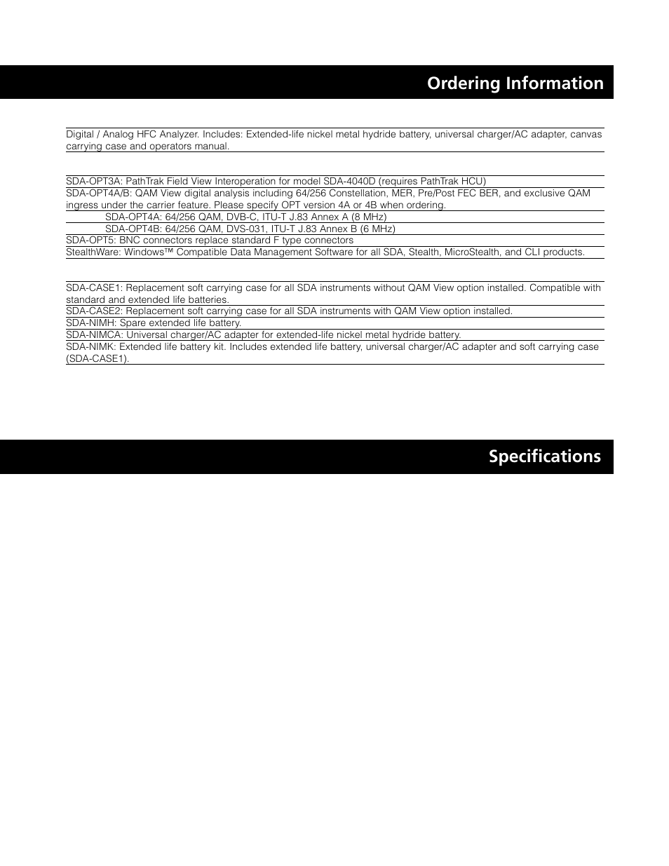 Specifications, Ordering information | Atec Wavetek-JDSU-SDA-4040D User Manual | Page 6 / 8