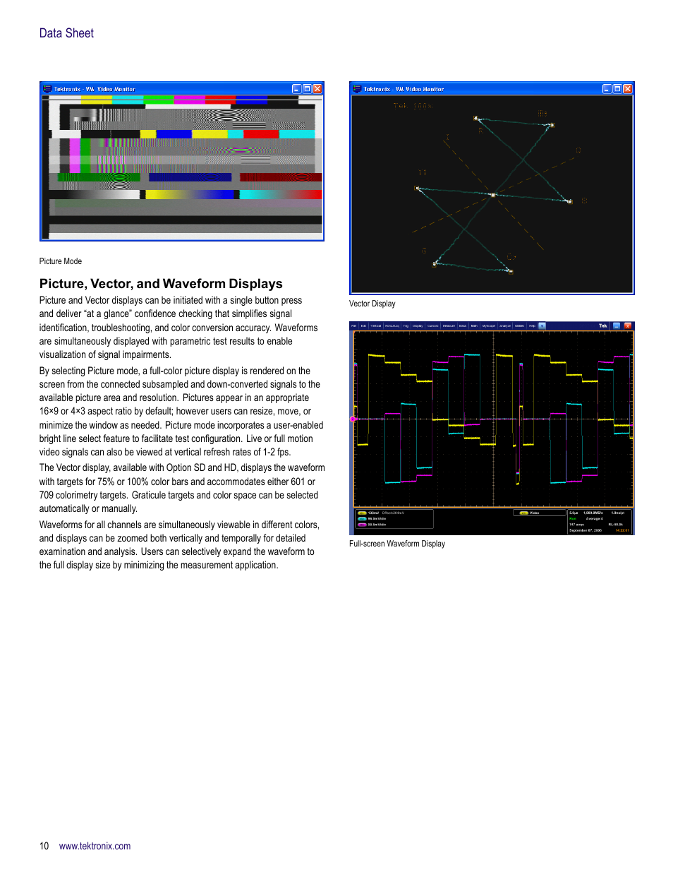 Picture, vector, and waveform displays, Data sheet | Atec Tektronix-VM6000 User Manual | Page 10 / 28