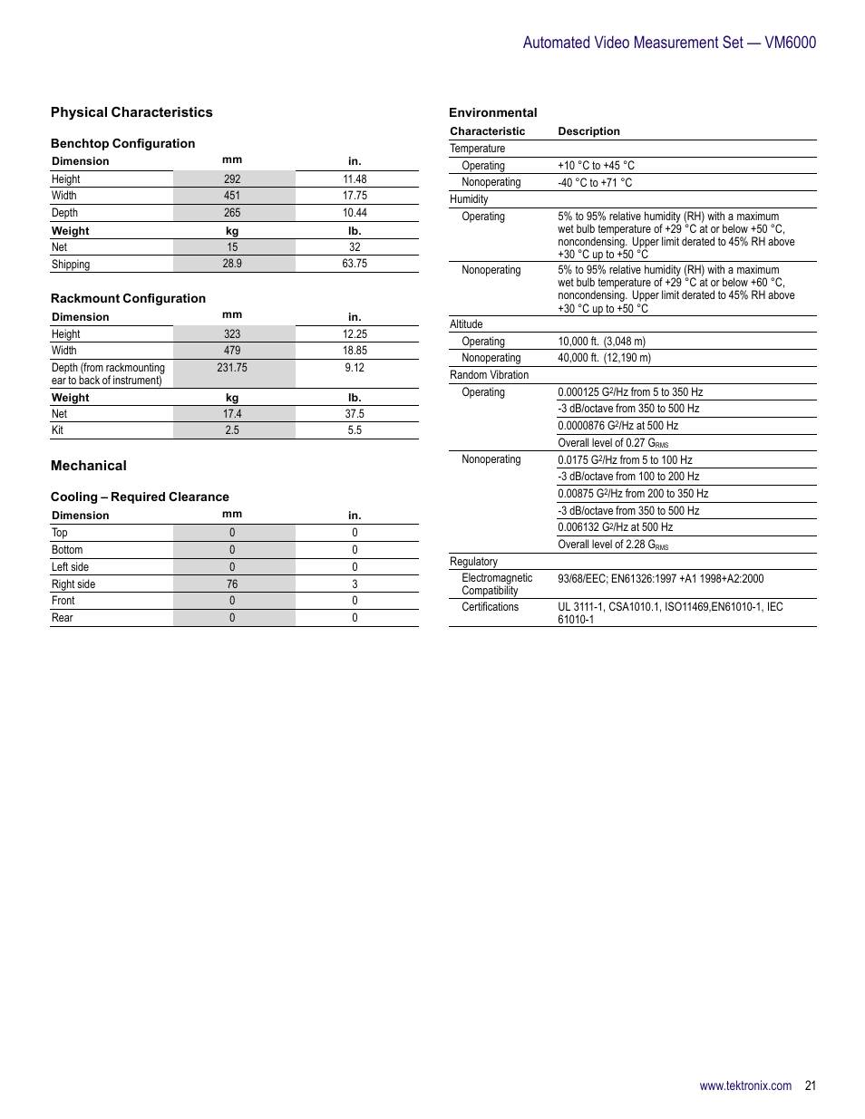 Physical characteristics, Mechanical, Automated video measurement set — vm6000 | Atec Tektronix-VM6000 User Manual | Page 21 / 28