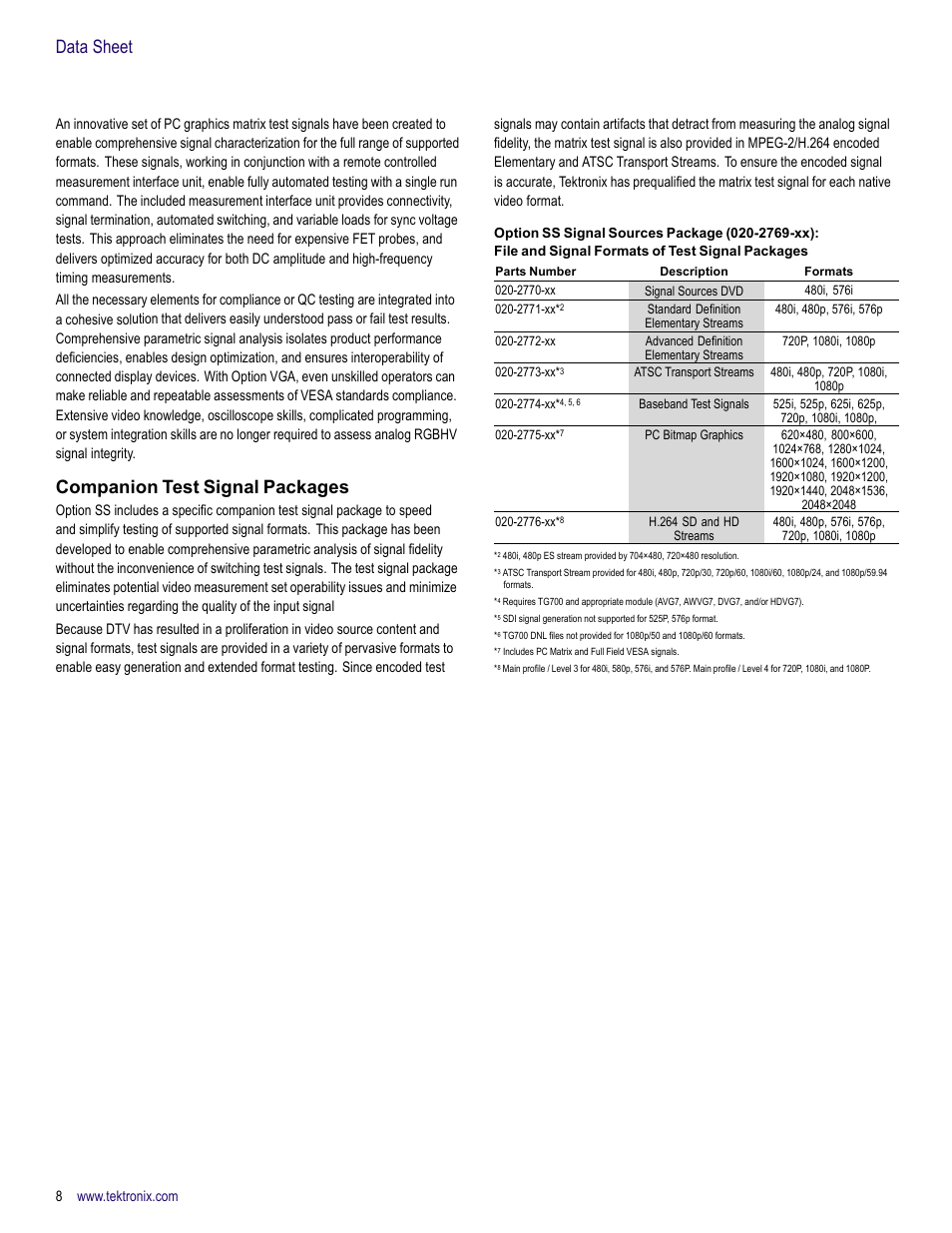 Companion test signal packages, Data sheet | Atec Tektronix-VM6000 User Manual | Page 8 / 28