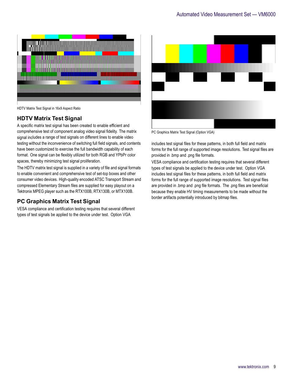 Hdtv matrix test signal, Pc graphics matrix test signal | Atec Tektronix-VM6000 User Manual | Page 9 / 28