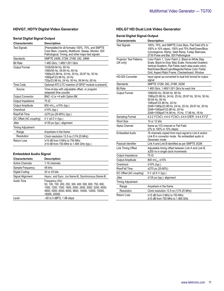 Hdvg7, hdtv digital video generator, Hdlg7 hd dual link video generator, Multiformat video generator — tg700 | Atec Tektronix-TG700 User Manual | Page 11 / 16