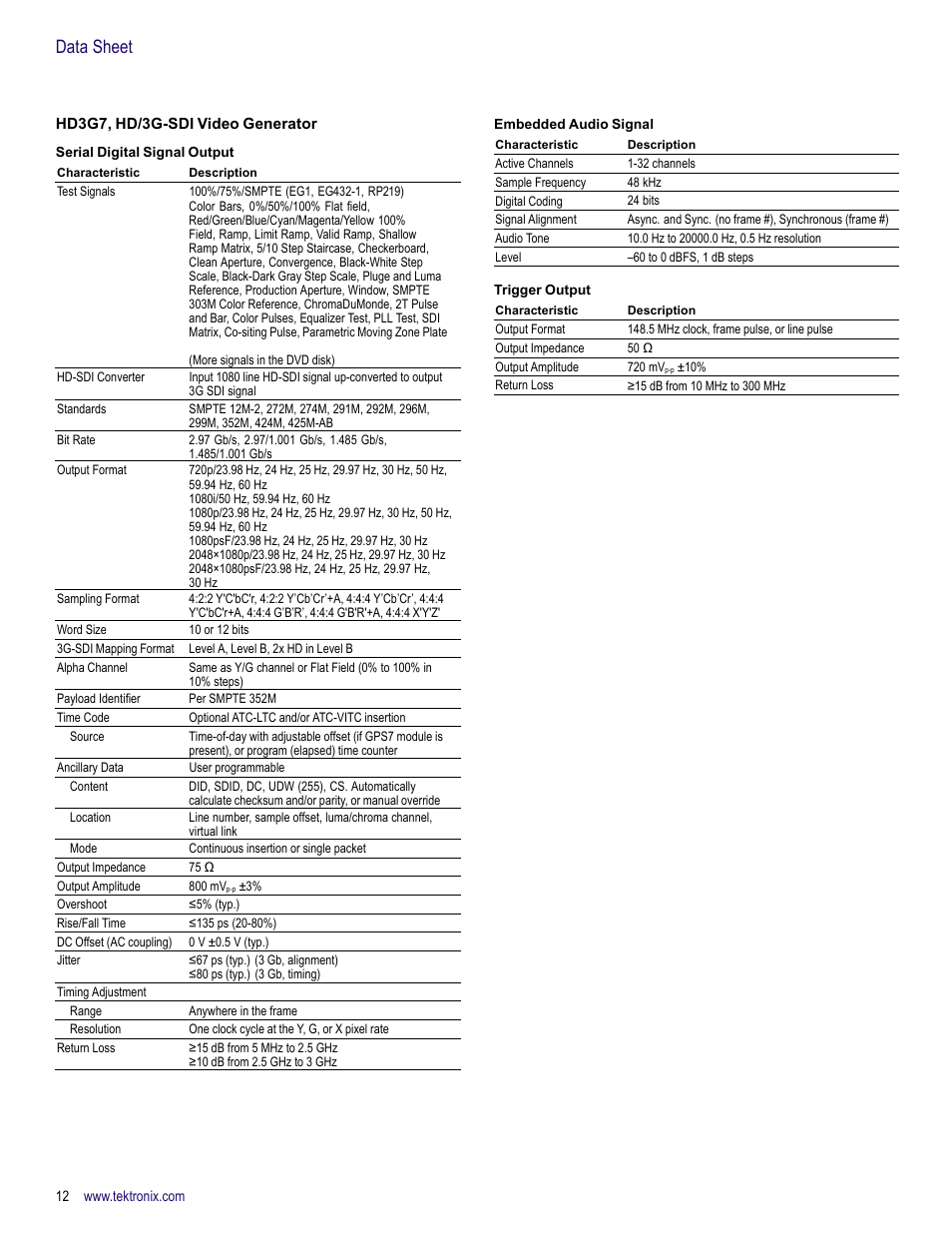 Hd3g7, hd/3g-sdi video generator, Data sheet | Atec Tektronix-TG700 User Manual | Page 12 / 16