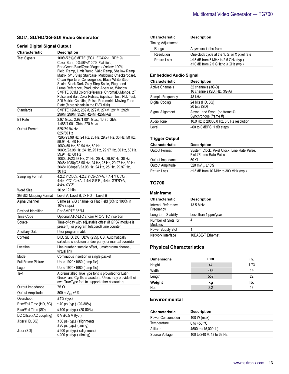 Sdi7, sd/hd/3g-sdi video generator, Tg700, Physical characteristics | Environmental, Multiformat video generator — tg700 | Atec Tektronix-TG700 User Manual | Page 13 / 16