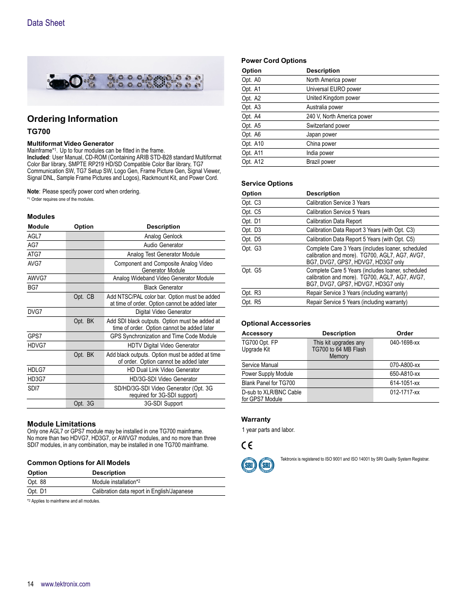 Ordering information, Tg700, Multiformat video generator | Module limitations, Data sheet ordering information | Atec Tektronix-TG700 User Manual | Page 14 / 16