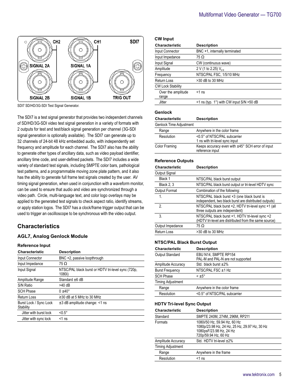 Characteristics, Agl7, analog genlock module, Multiformat video generator — tg700 | Atec Tektronix-TG700 User Manual | Page 5 / 16