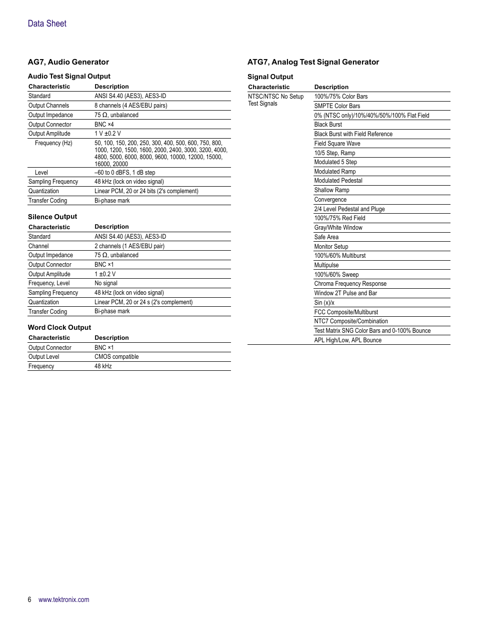 Ag7, audio generator, Atg7, analog test signal generator, Data sheet | Atec Tektronix-TG700 User Manual | Page 6 / 16