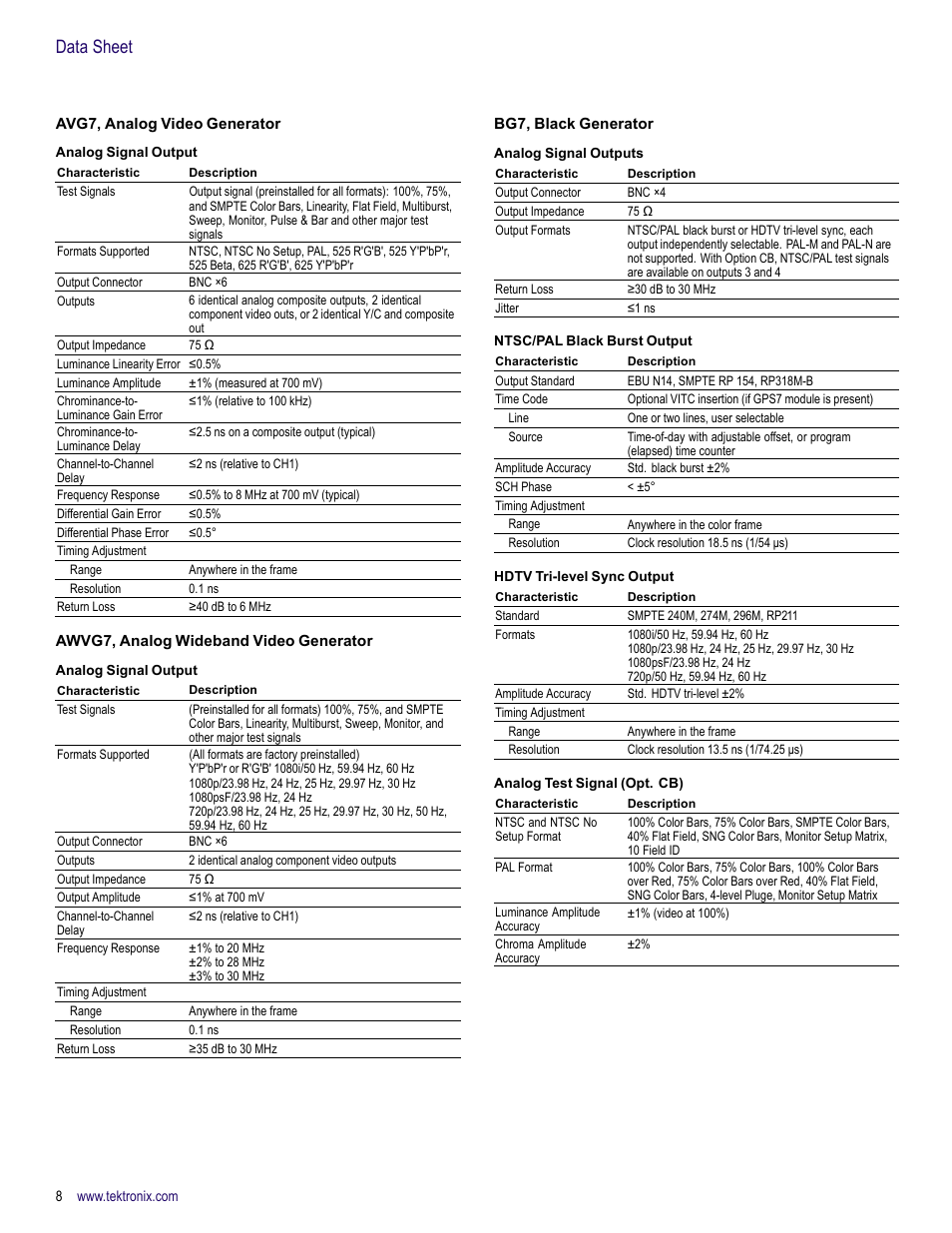 Avg7, analog video generator, Awvg7, analog wideband video generator, Bg7, black generator | Data sheet | Atec Tektronix-TG700 User Manual | Page 8 / 16